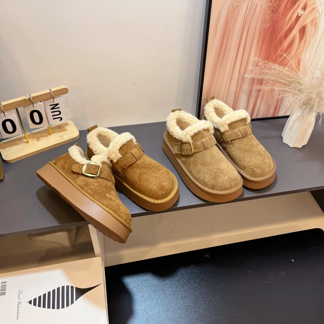 低跟勃肯鞋女冬季加绒复古纯色时尚洋气厚底大棉鞋女保暖舒适女鞋