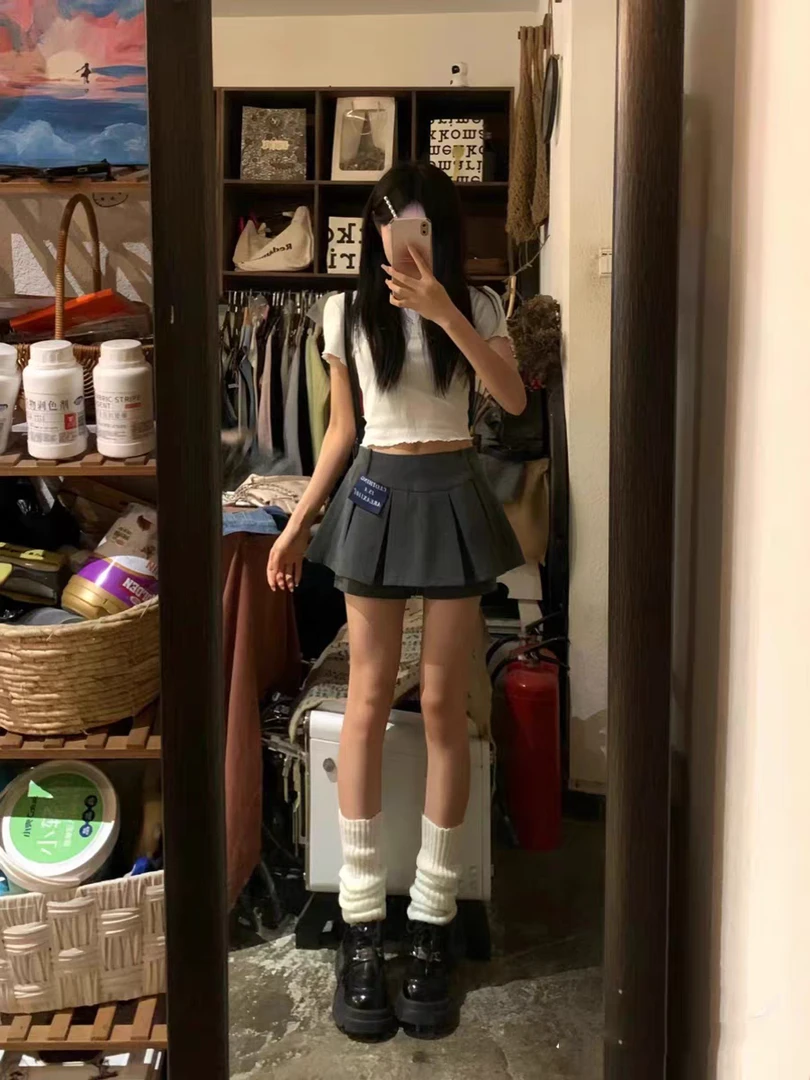复古学院风灰色西装百褶半身裙女春夏高腰显瘦a字防走光短裙裤