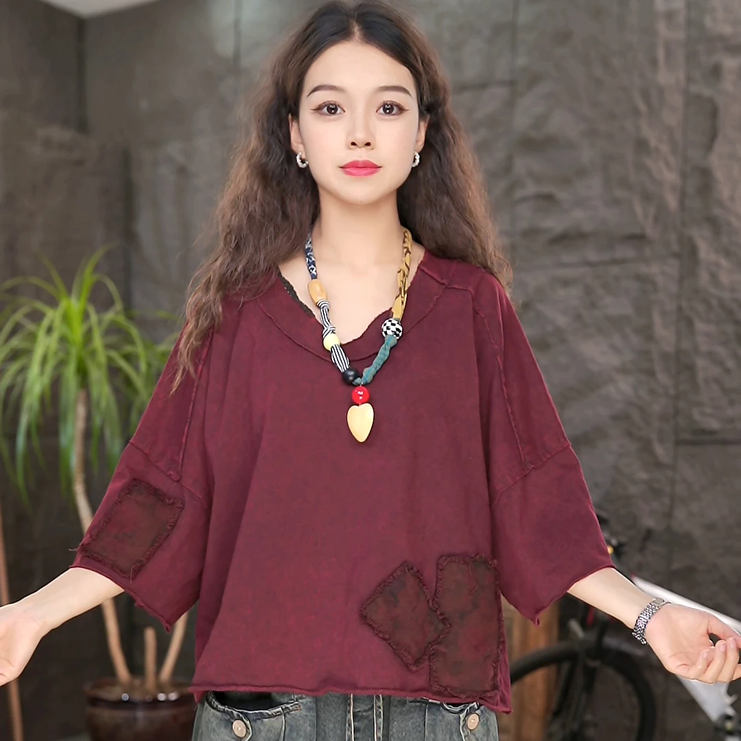 LL纯棉短袖夏季宽松T恤百搭炒色复古短款上衣（衣长58cm左右）