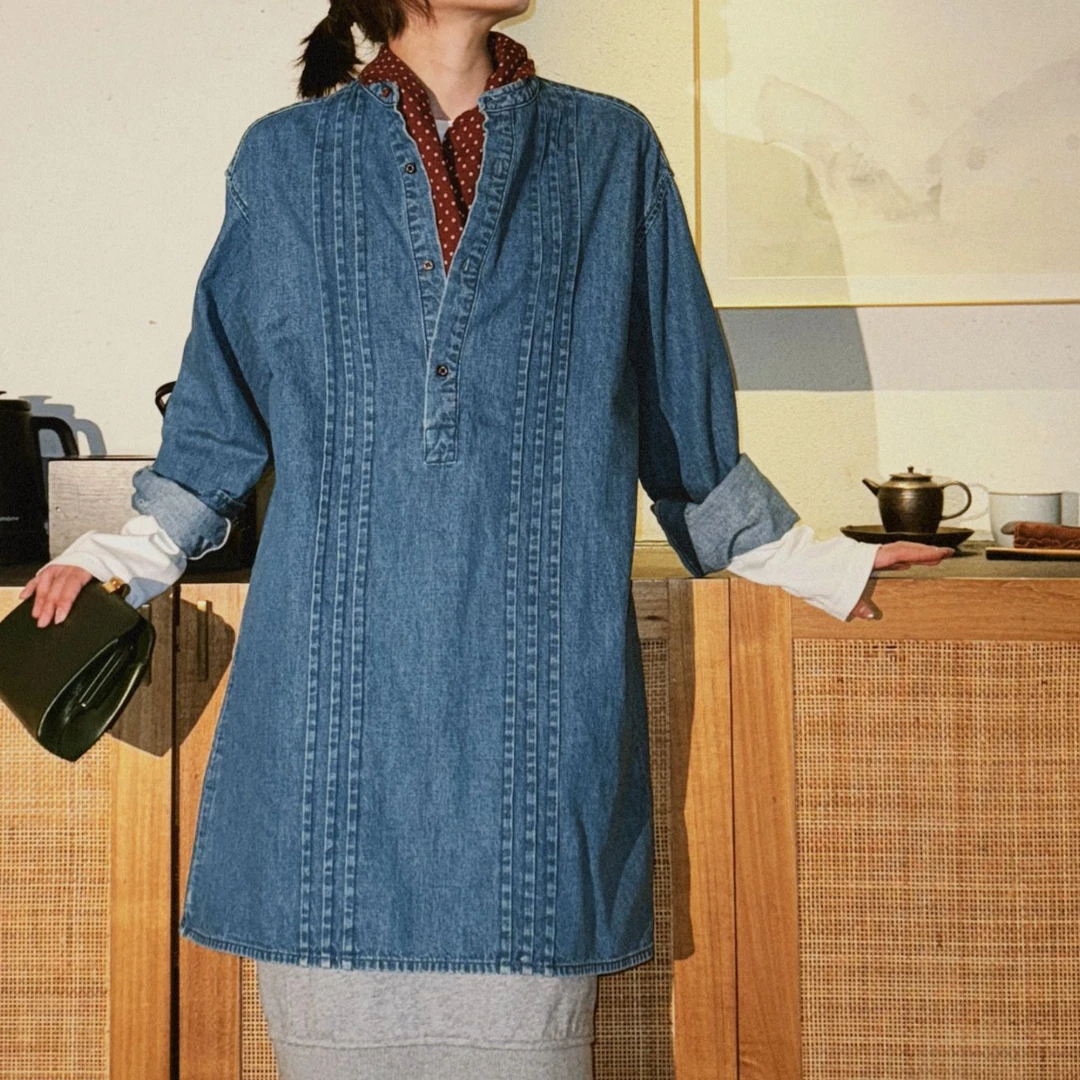 DE Mincollection压条牛仔上衣/日系立体纽扣廓形套头牛仔衫40572