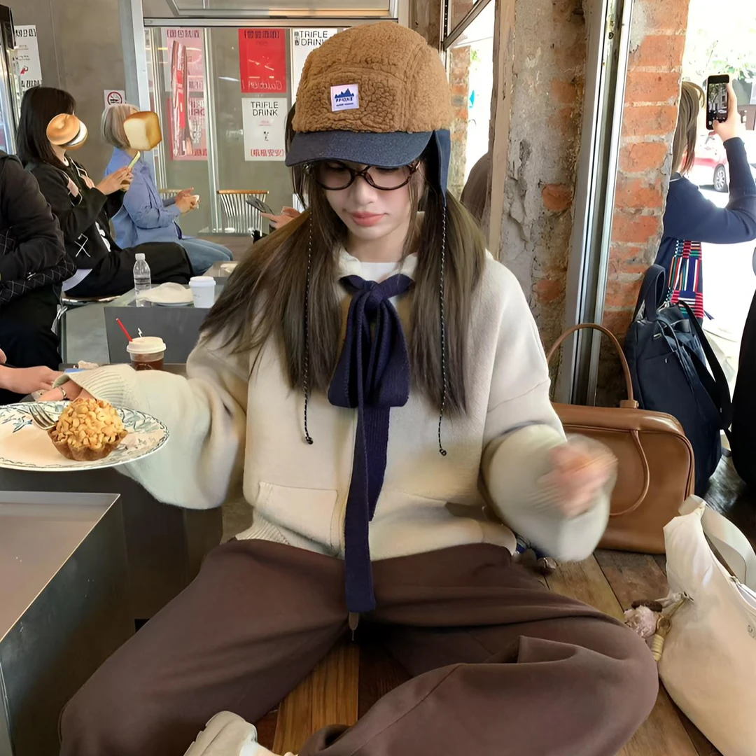 蝴蝶结撞色针织开衫软糯短款毛衣外套女