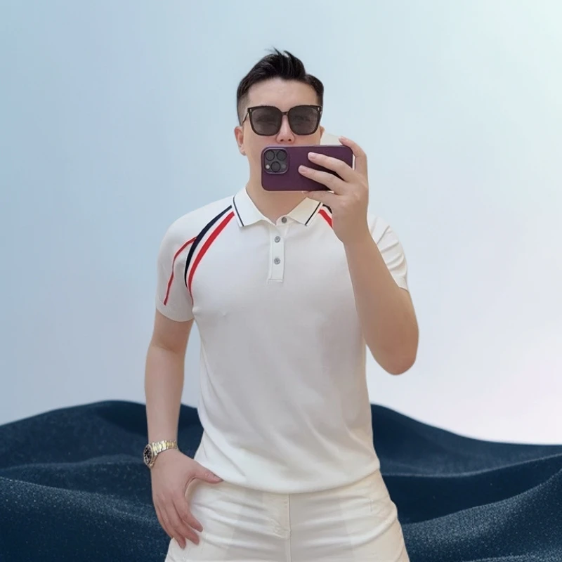 巴赛娜缇男士polo衫夏季简约修身帅气百搭条纹拼色冰丝短袖T恤