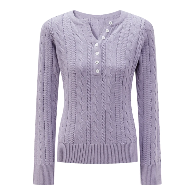 羊城故事-紫色v领麻花肌理感甜美修身毛针织衫女Y51155536