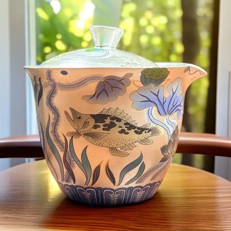 手抓银壶鱼藻图案便携式旅行茶具适合户外露营使用鎏银2665茶道