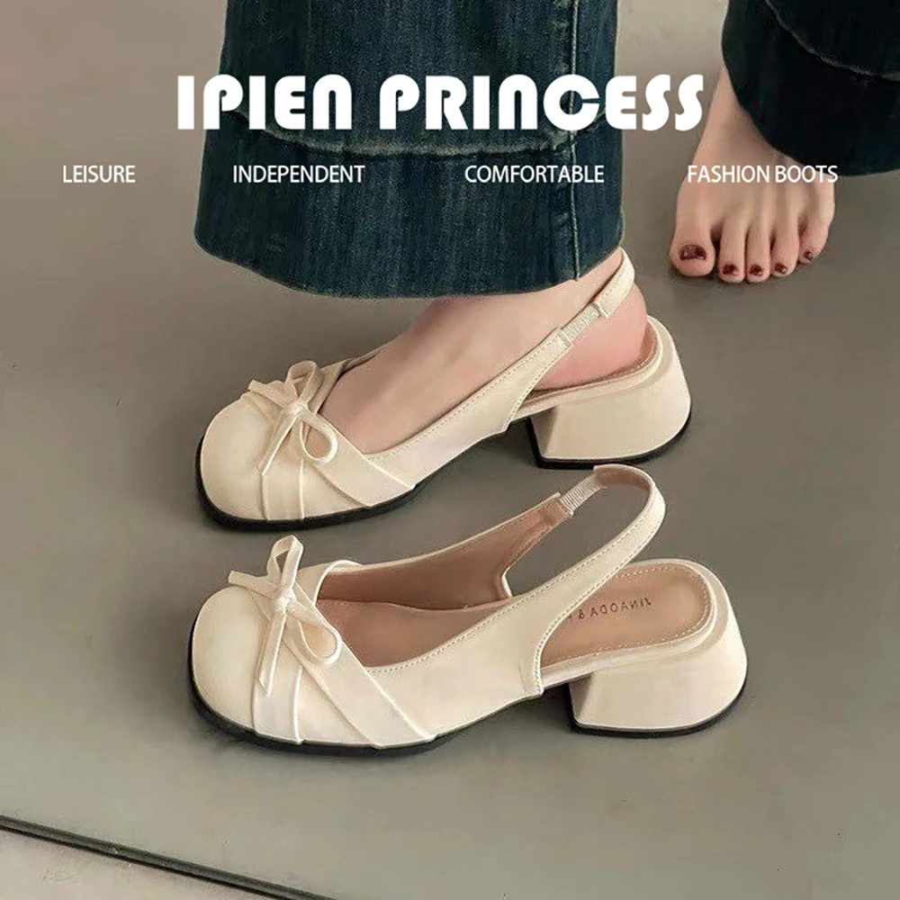 法式蝴蝶结气质粗跟单鞋高跟鞋女2025夏季新款中跟包头不累脚凉鞋