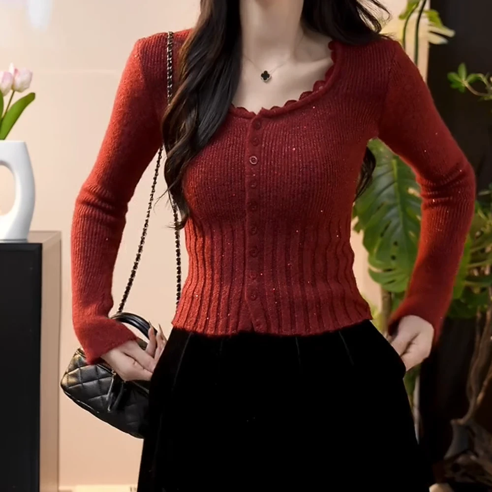秋冬上新【微醺岛屿】法式新款洋气时尚百搭红色拼接蕾丝边针织衫