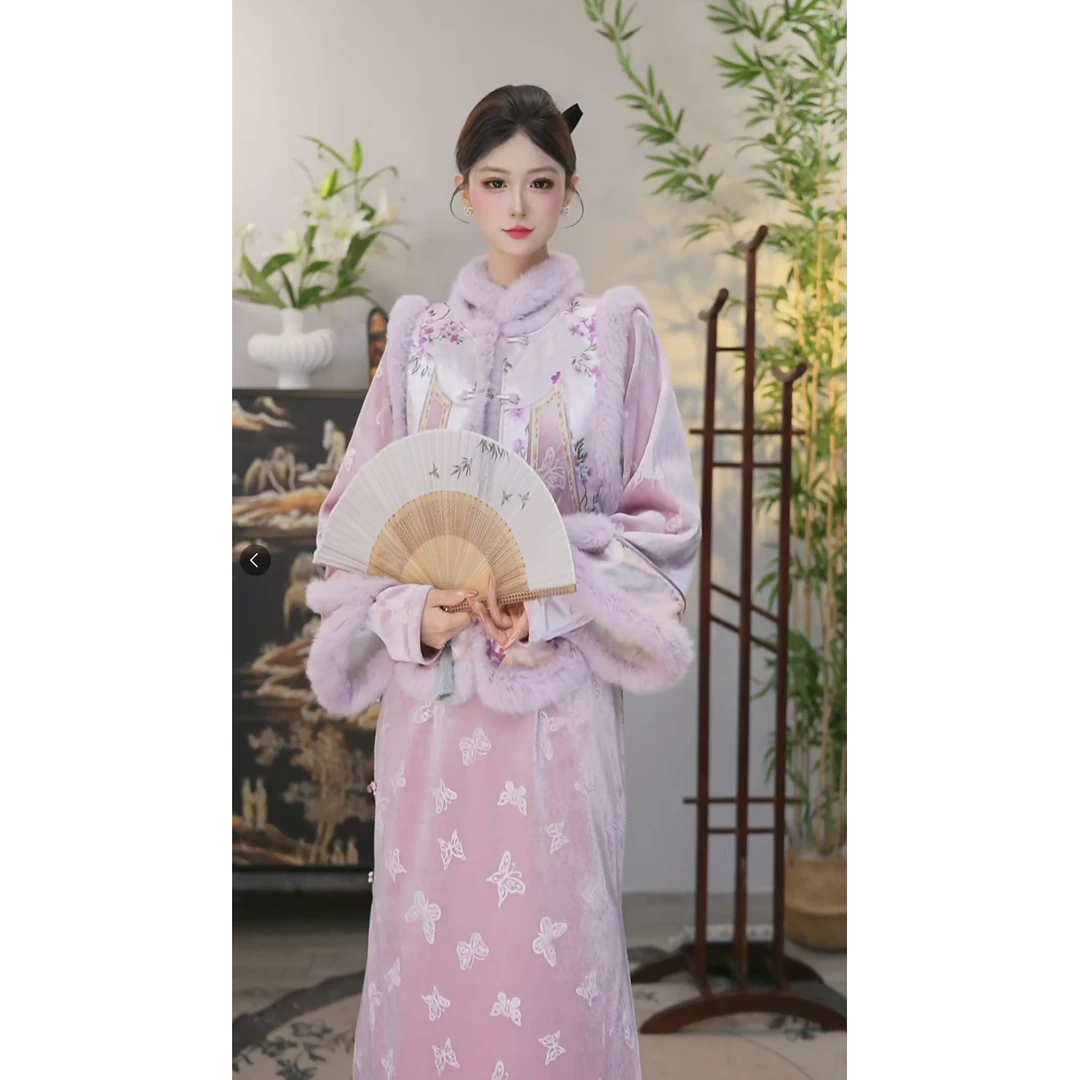 花享悦2025冬季新款粉紫加绒复古日常女装裙子套装（A003+A013）