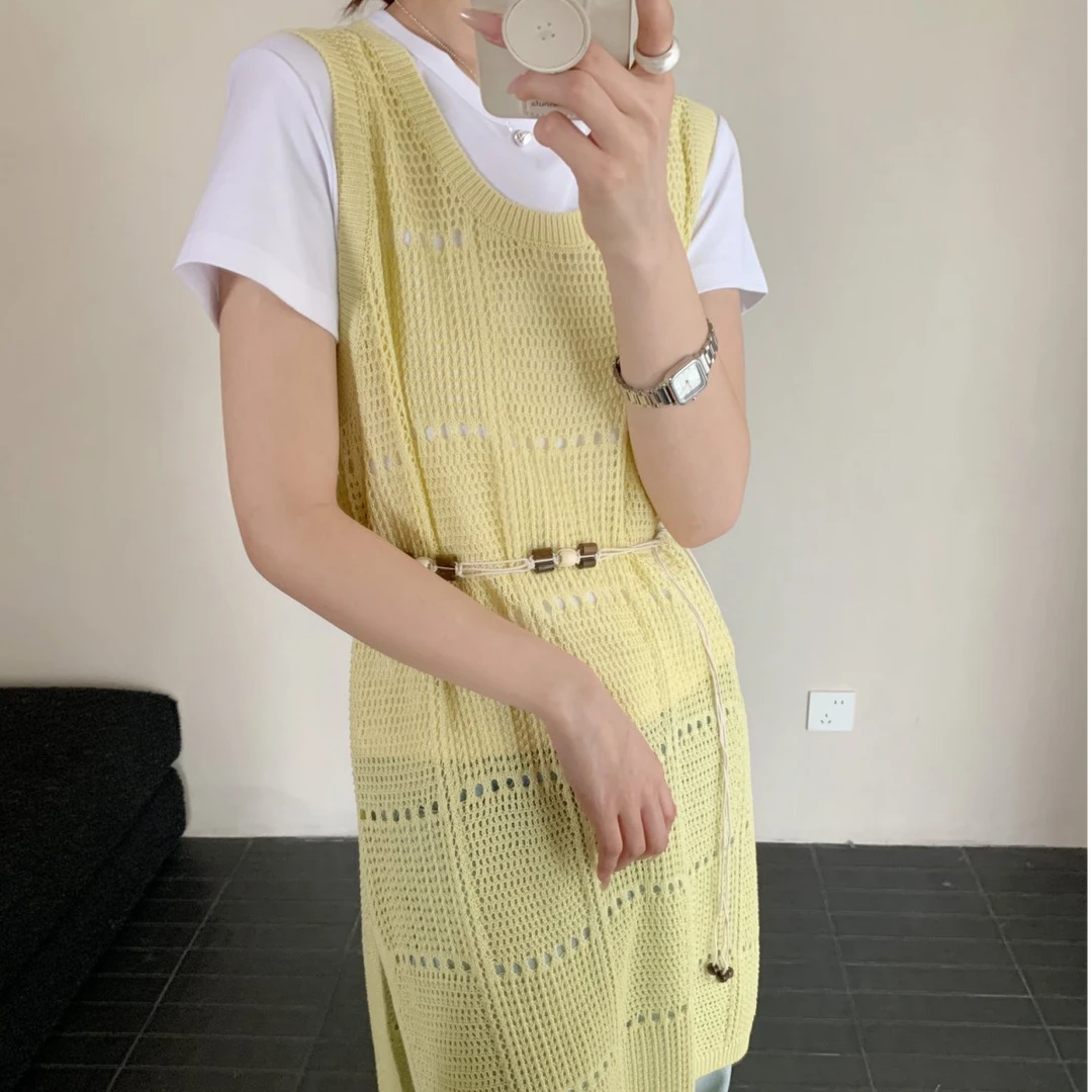 【素简.500156】春款上新天爽亚麻方格中长款背心女装混纺针织衫