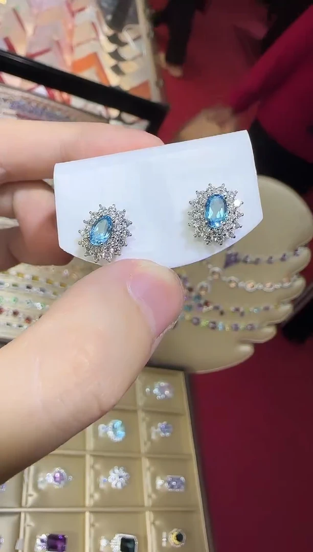 银S925镶嵌托帕石耳饰5*7mm妖姬耳钉