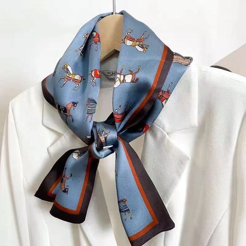 ZS145【145素绉缎飘带】蓝色小马 桑蚕丝四季百搭女士双层飘带