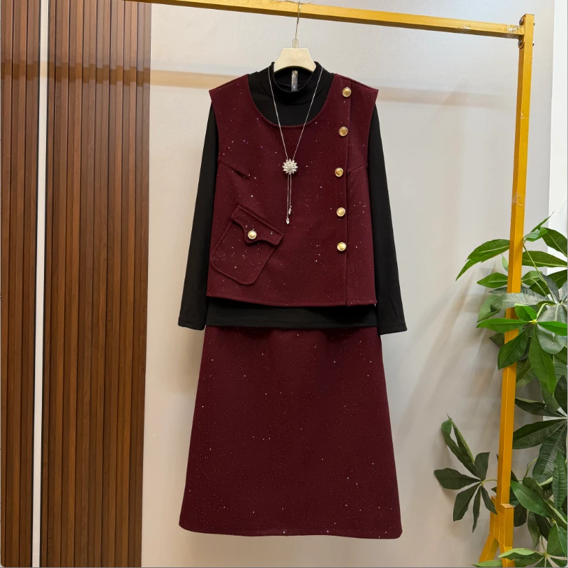 大码女装秋冬新款时尚贵气亮闪闪轻奢风马甲十打底十半身裙三件套