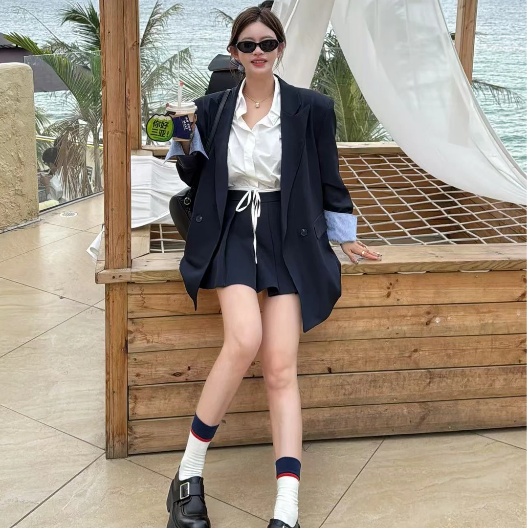 【YKL】亚裔女高白色袖蓝纹衬衫/藏蓝学院百褶裙西装外套套装