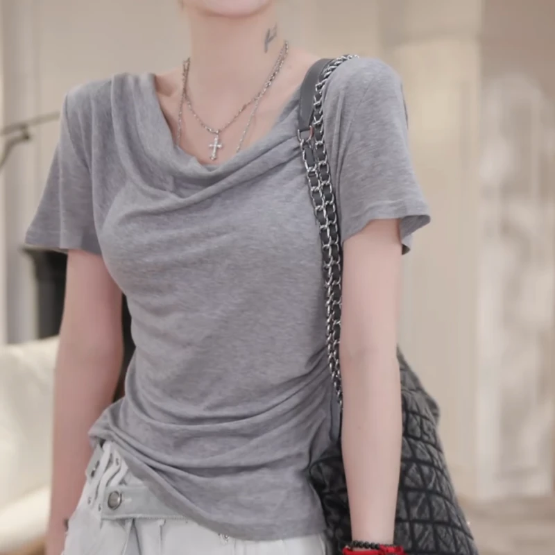 2025夏季后背蕾丝镂空拼接短袖t恤修身显瘦百搭上衣内搭LK2502376