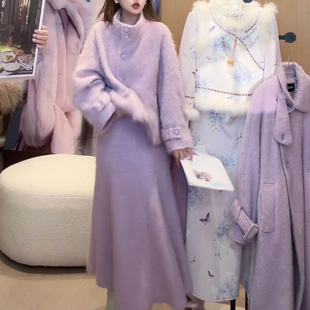 时尚洋气百搭冬装一整套女装2025新款韩系毛绒外套半身裙两件套装