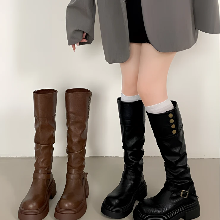 黑色高筒靴子秋冬厚底长筒靴女新款爆款增高小个子长筒靴胖mm腿粗