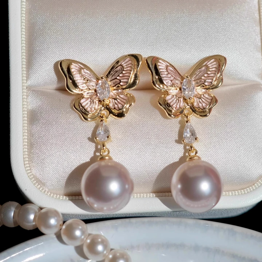 合金耳饰 春夏温柔曼塔玫瑰珍珠珐琅滴釉蝴蝶仙气温柔耳环耳饰