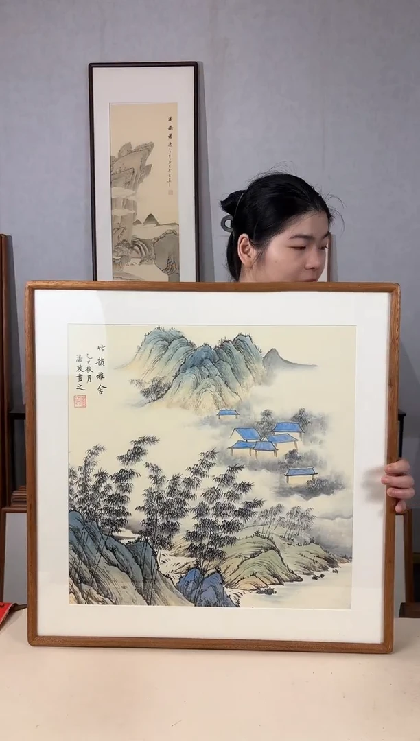 国画手绘*竹韵雅舍*62*62cm实木框