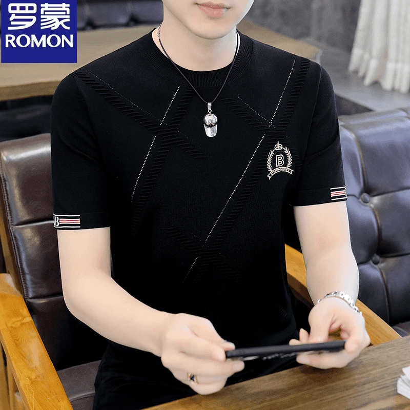 罗蒙夏天针织衫短袖男士圆领套百搭T恤男潮流韩版青年冰丝商务衫