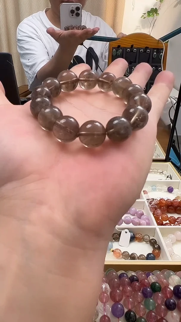 银S925镶嵌手链水晶12mm茶晶手串