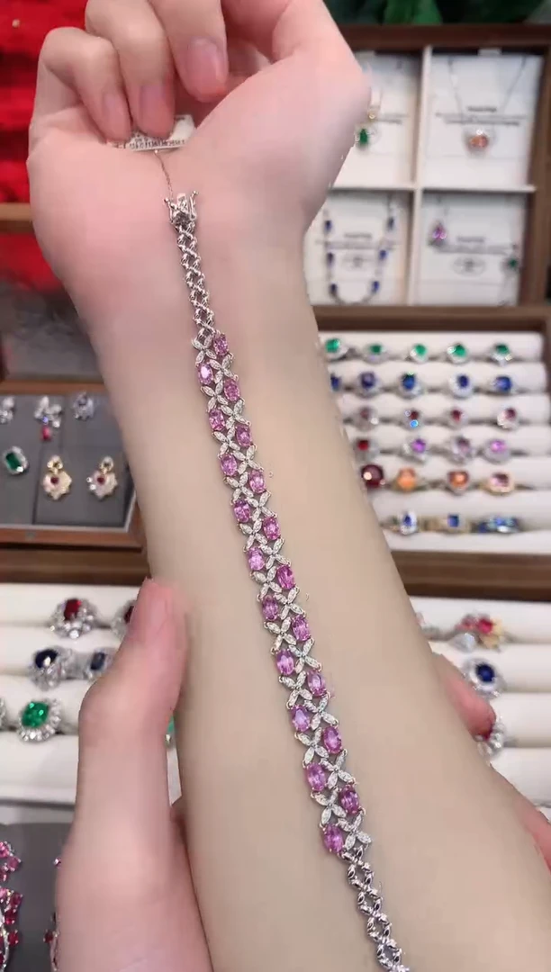 手链彩色蓝宝石18K金镶嵌6.85ct/天然宝石/七天无理由