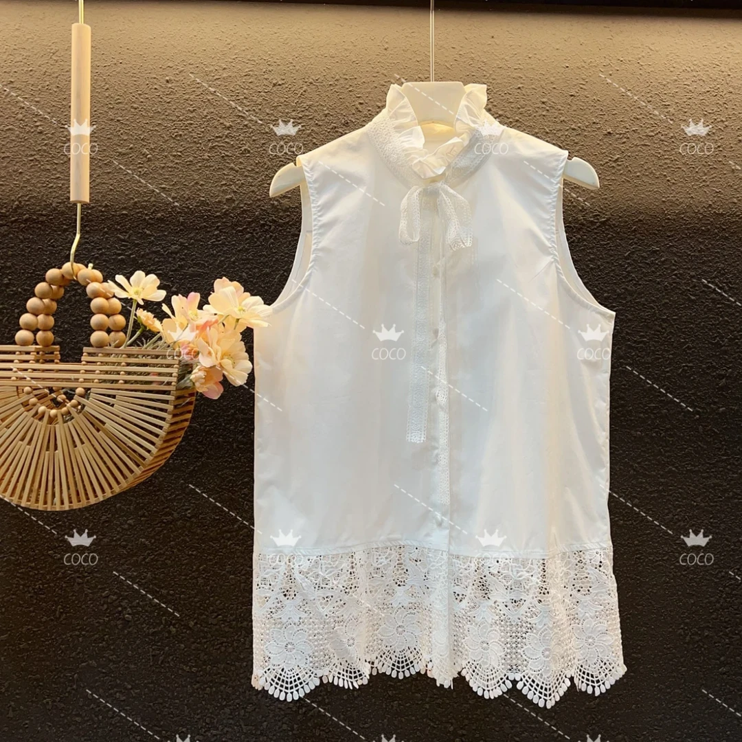 【南油COCO】山茶高奢定制设计感蕾丝花边无袖洋气穿衬衫