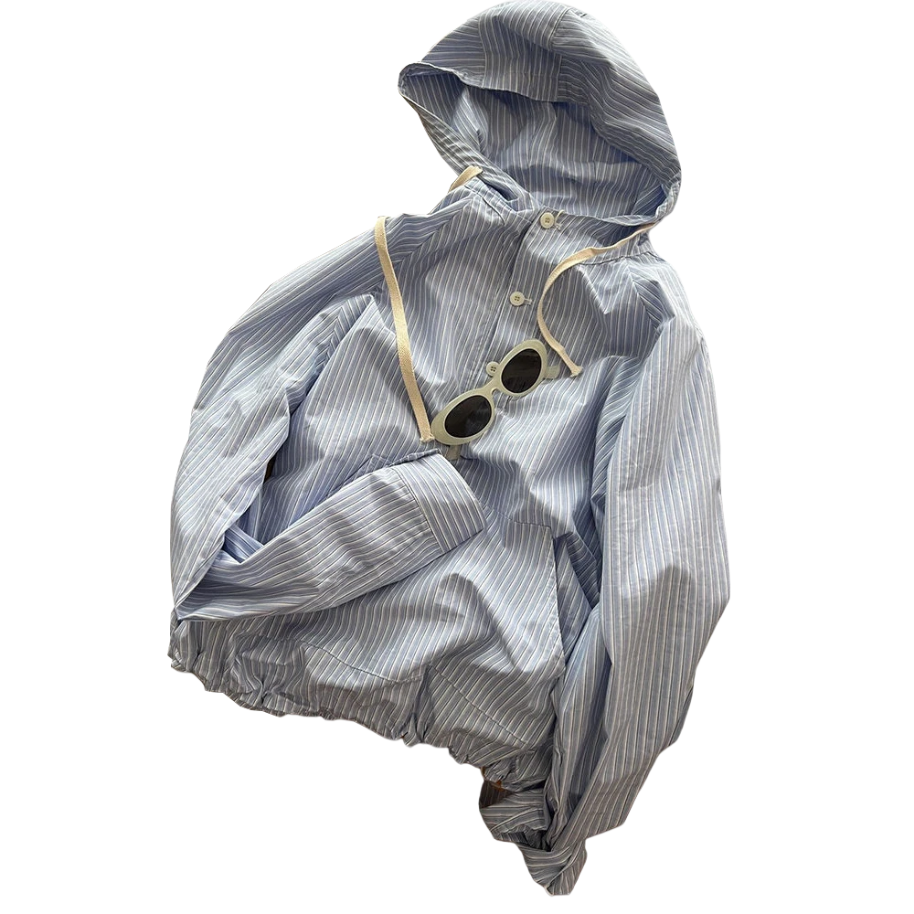 一眼就爱上了，韩版条纹连帽衬衫女上衣长袖宽松休闲慵懒小众衬衣