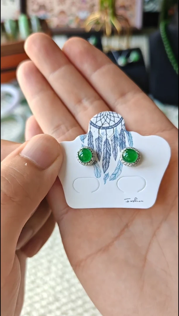 翡翠银S925镶嵌耳饰翡翠耳饰S925银镶嵌