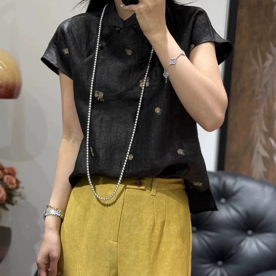 休闲刺绣100亚麻立领常规短袖显瘦新中式百搭碎花T恤小众