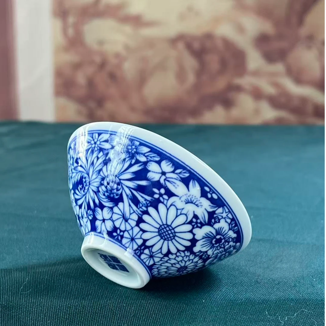 青花万花陶瓷斗笠杯茶杯品茗主人杯