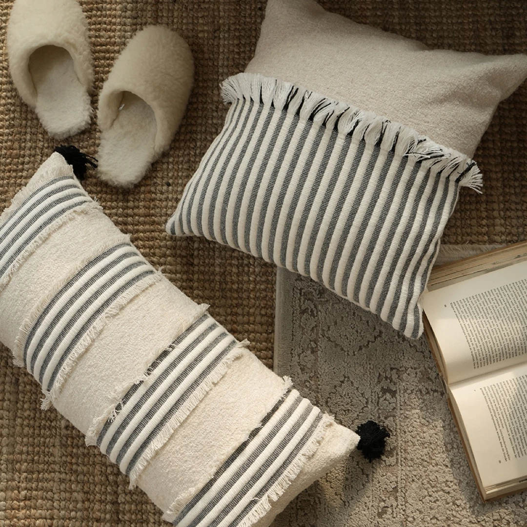 TEXDREAM复古条纹流苏抱枕侘寂现代客厅沙发靠枕腰枕高级轻奢