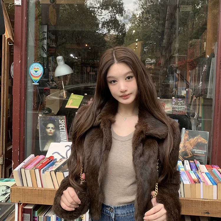 原版【上东老钱】咖色全真兔毛外套2025冬新款短款高级感老钱风韩版