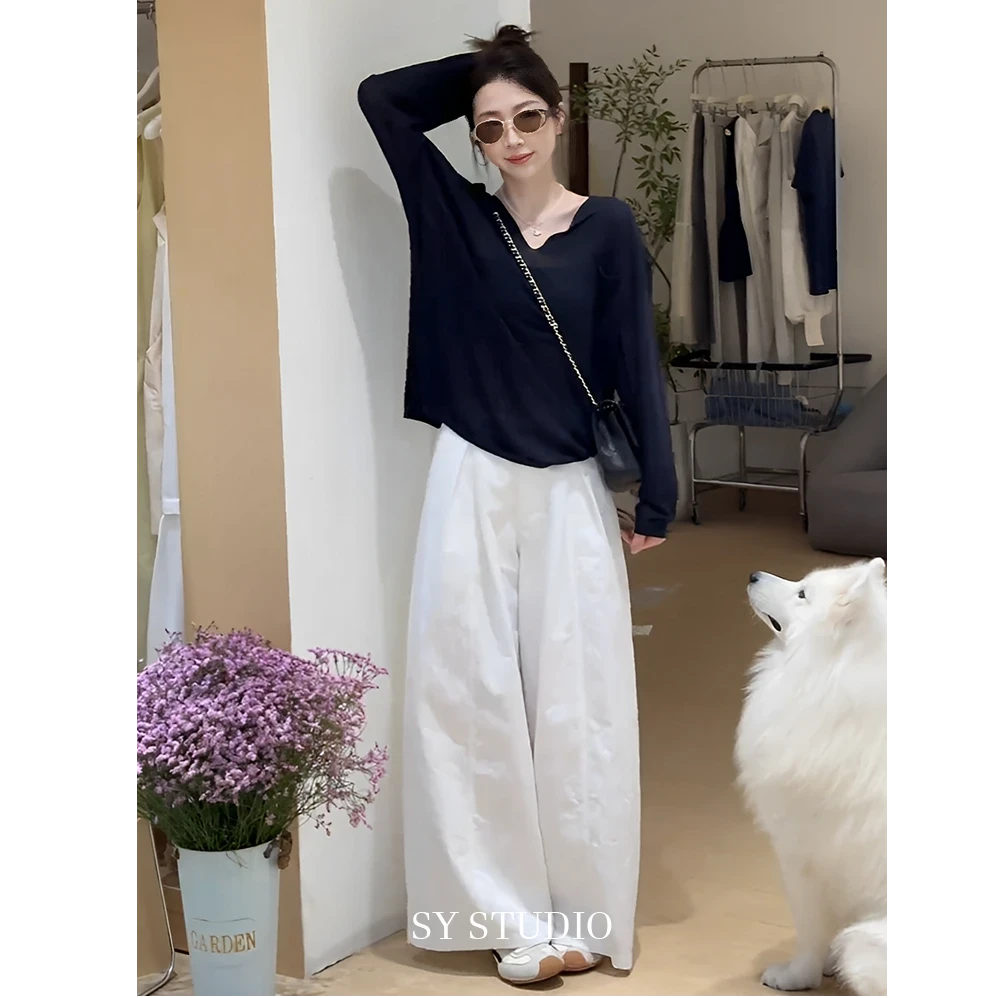 休闲简约INS慵懒风时尚套装显瘦纯色长袖上衣高腰休闲宽松阔腿裤