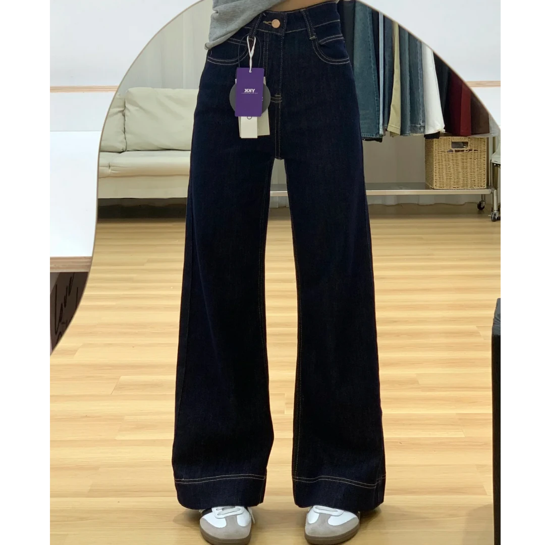 丹宁深蓝微喇牛仔裤女2025春季新款复古小众高腰显瘦垂感拖地裤子