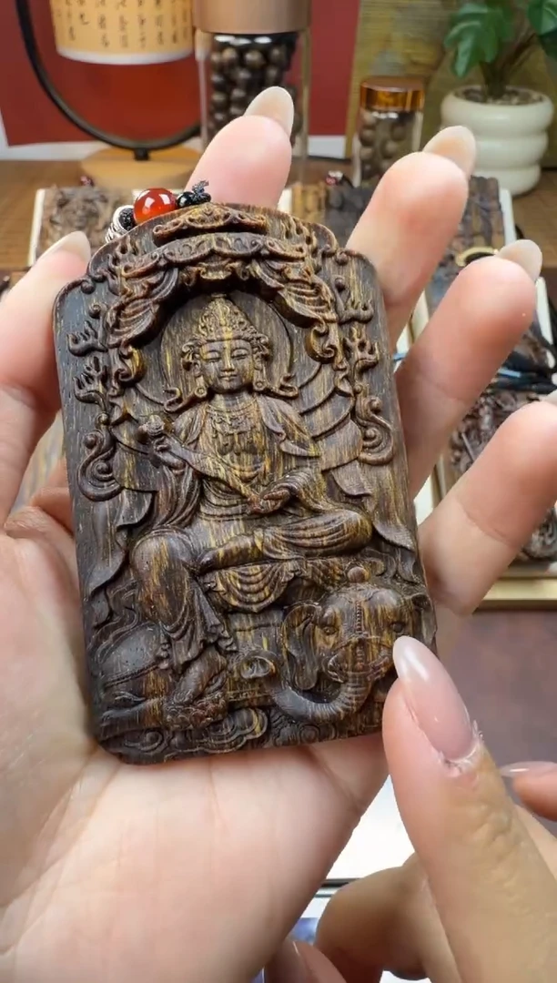 木木雕款 芽庄 十二生肖守护  龙蛇 普贤菩萨8cm 送养香瓶