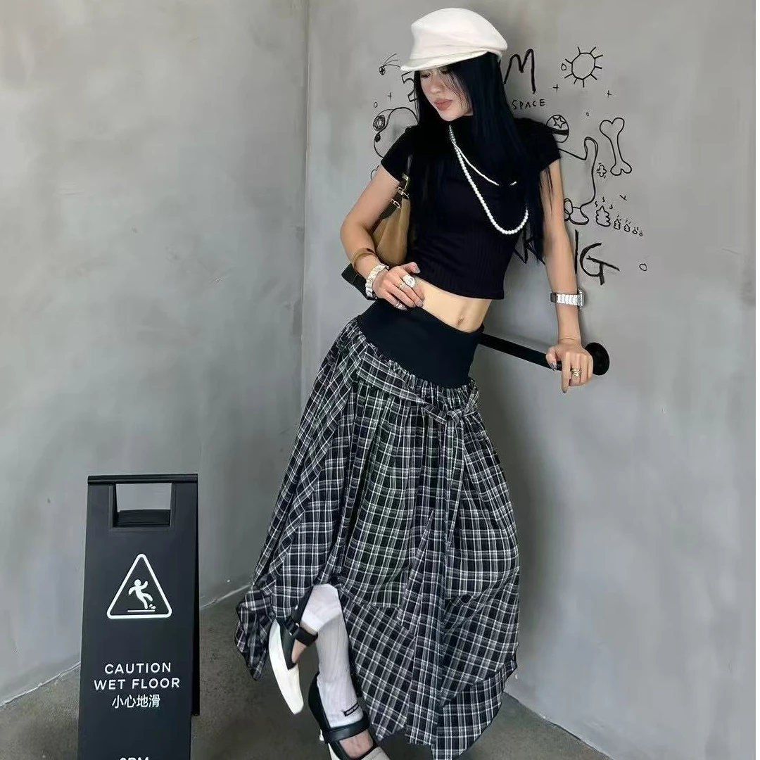 QINGSU 中长款格子半身裙不规则原宿风韩版设计感高腰百搭半裙