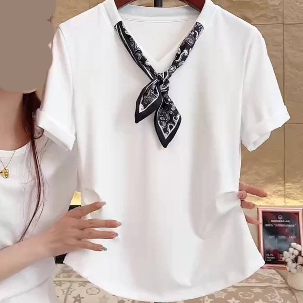 配丝巾短袖T恤女2025年夏季新款设计感小衫折折收腰显瘦女装上衣