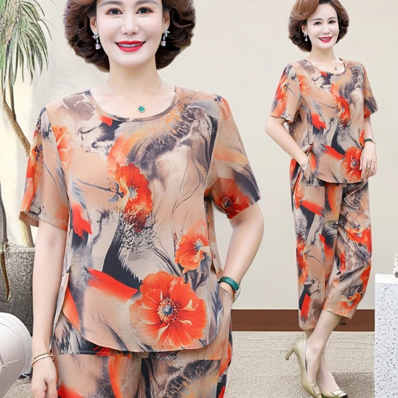 宽松大码中年中老年妈妈装夏季新款气质洋气休闲时尚套装薄款印花