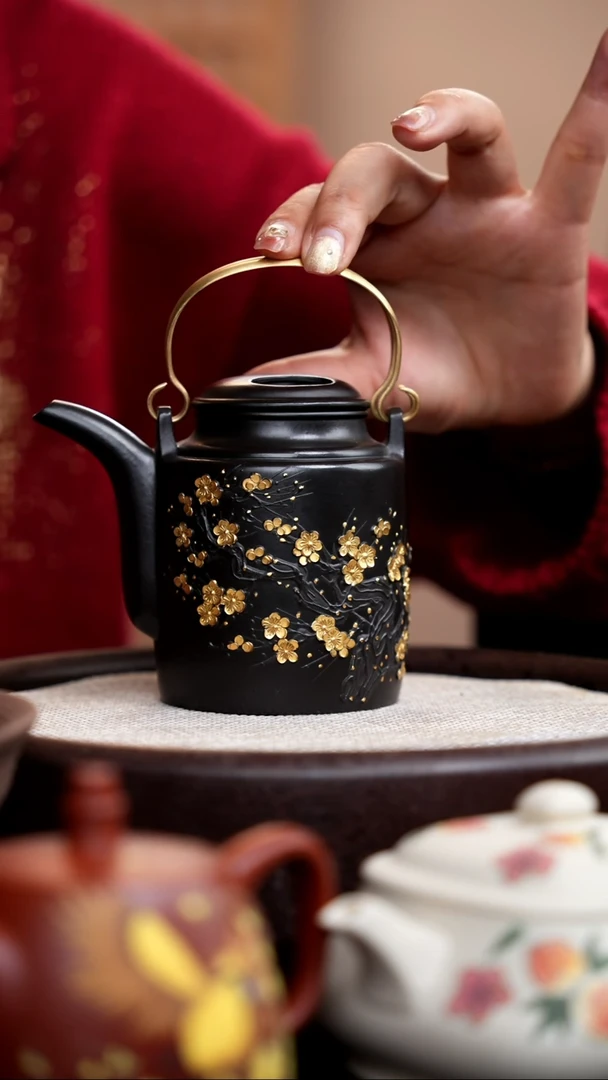 【闪购商品】紫砂茶壶捂灰朱泥描金梅花洋桶013 预售