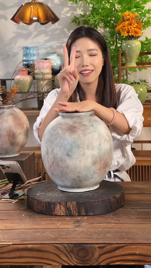 【复古红棕-小号月亮罐】无孔桌面落地陶瓷花瓶干花鲜花客厅花器