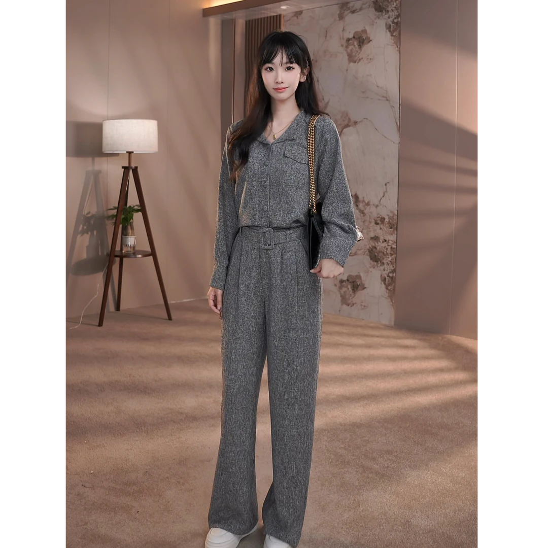 2025春季新款休闲气质时尚套装高腰显瘦减龄阔腿裤两件套10136