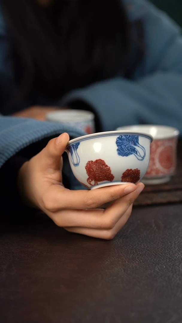 【闪购商品】杯贵红窑青花釉里红百财压手杯
