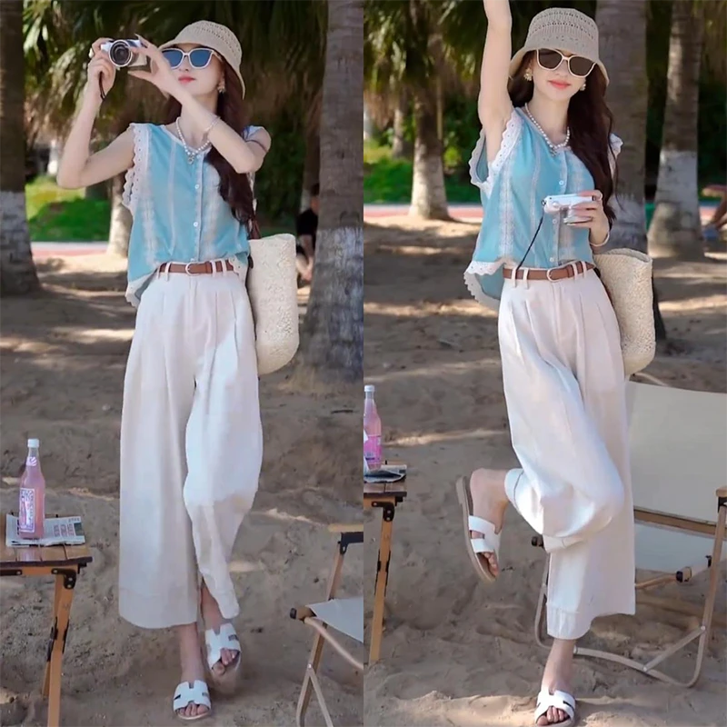 2025夏装搭配一整套无袖衬衫上衣高腰洋气减龄阔腿九分裤两件套女