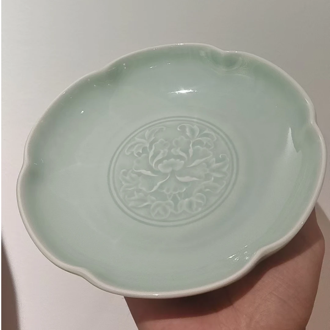 长安知己耀州窑原矿高温青瓷中式家用复古7英寸天青釉牡丹花口盘