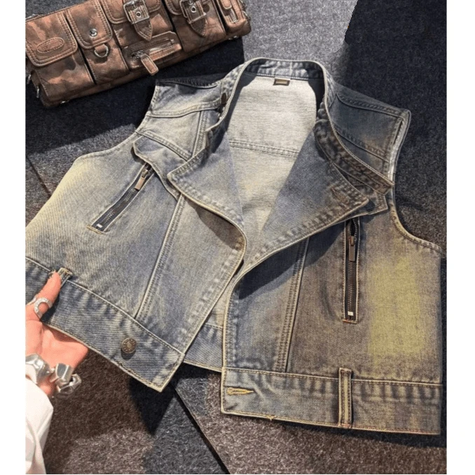 港风复古牛仔春季短外套女新款千金夏季坎肩宽松复古显瘦无袖上衣