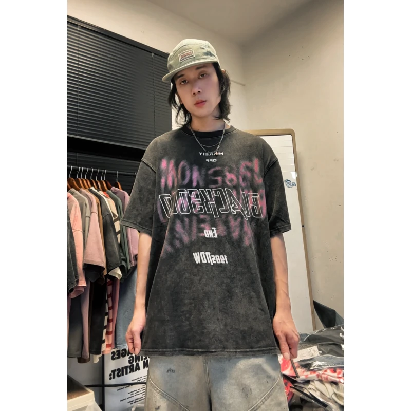 E17推荐美式嘻哈复古水洗做旧字母印花宽松情侣短袖T恤