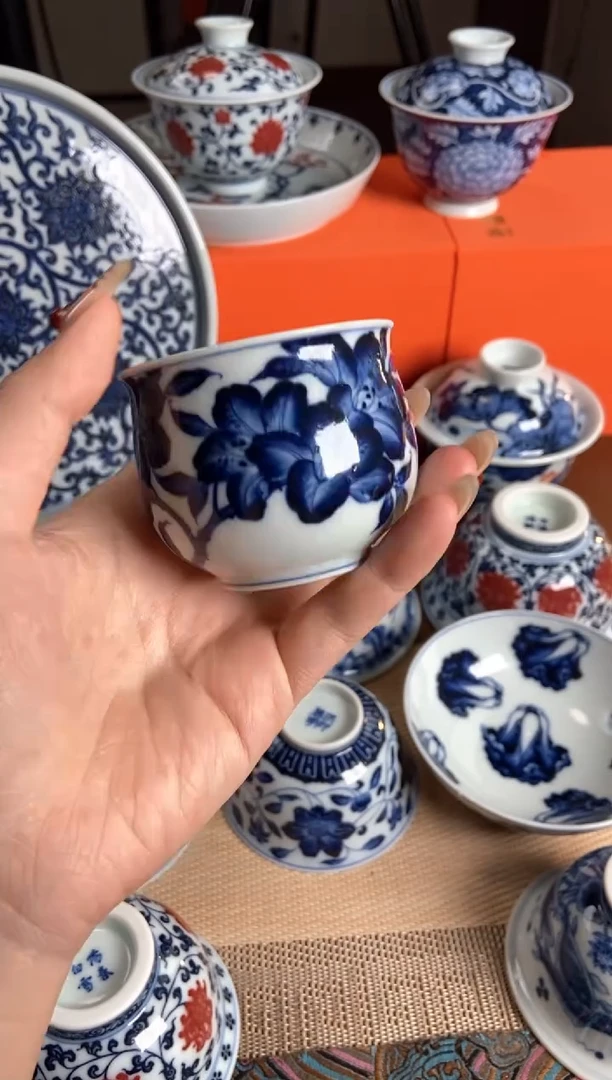 洪印慕明靑花折枝杜鹃花布袋杯