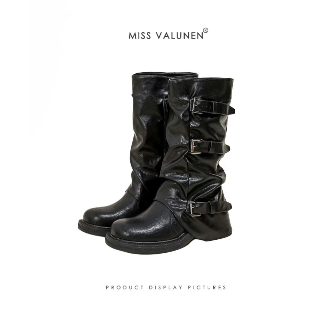 【于月专属】2025秋冬新款厚底皮带扣西部靴拖地靴堆堆靴长筒裤管靴