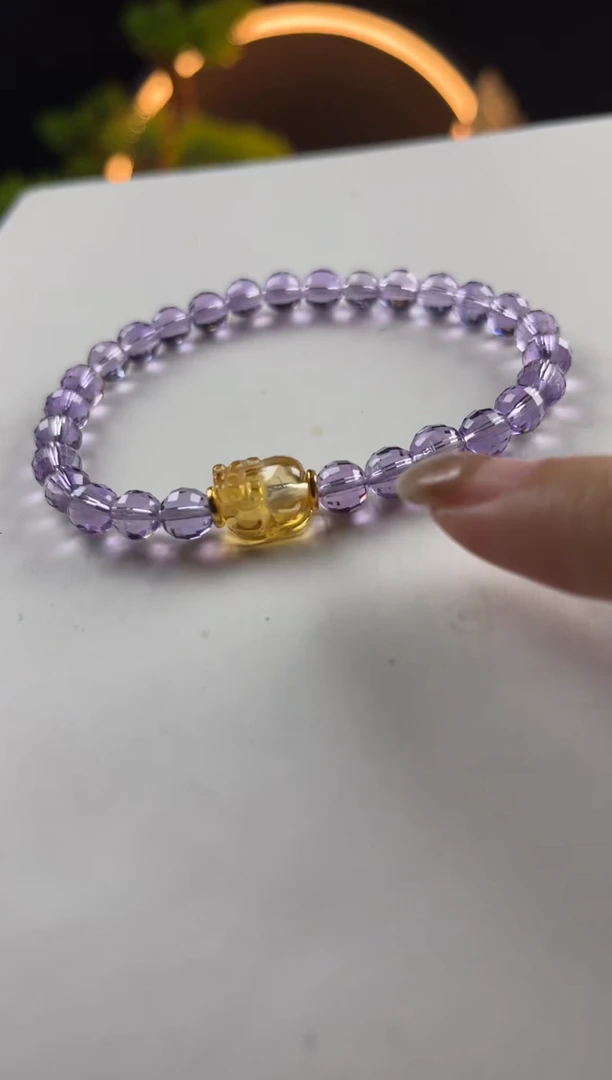 水晶手链未镶嵌天然紫水晶圆切搭貔貅手串6mm