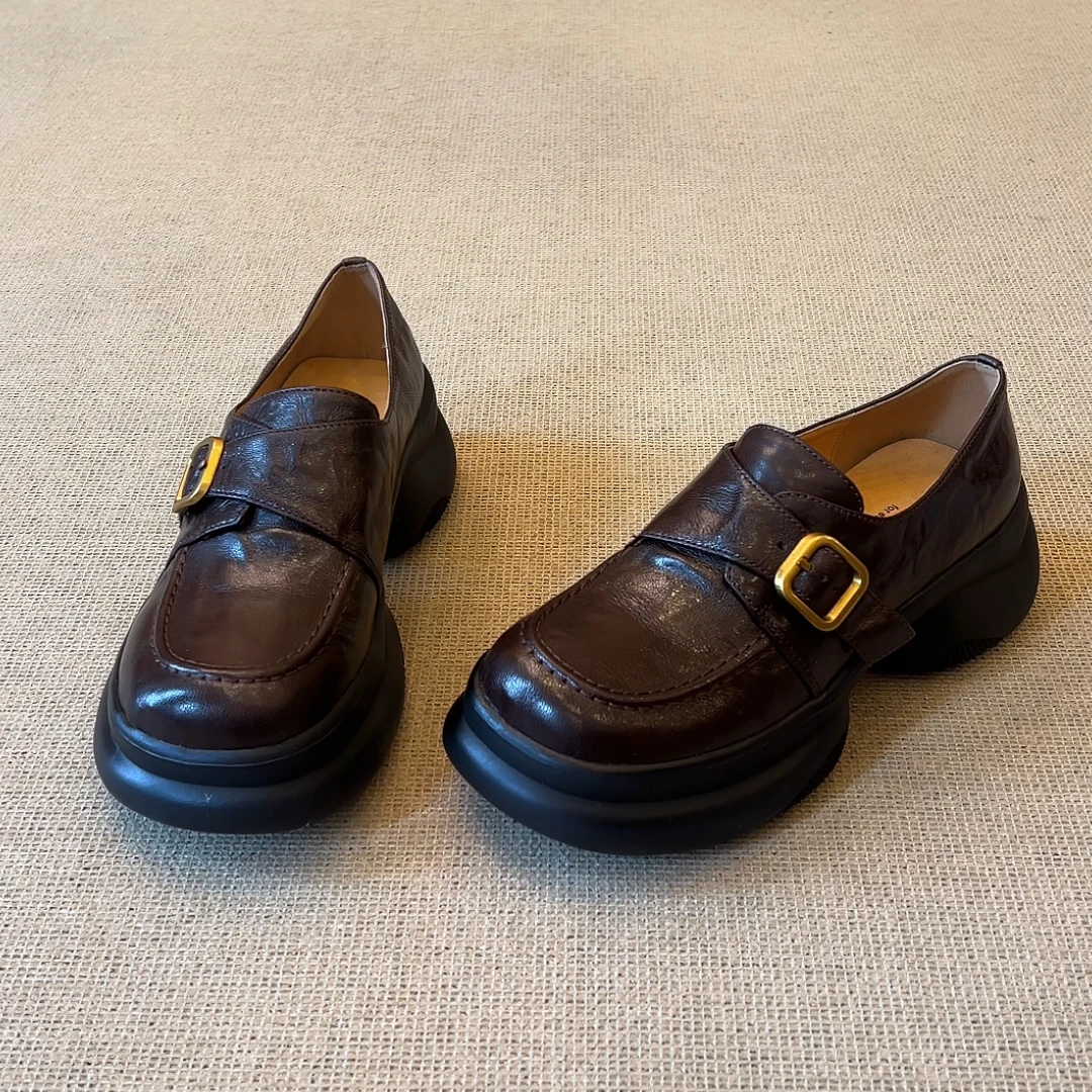 nnmiss•34-39/6cm单鞋女复古小皮鞋一脚蹬乐福鞋小个子厚底松糕鞋