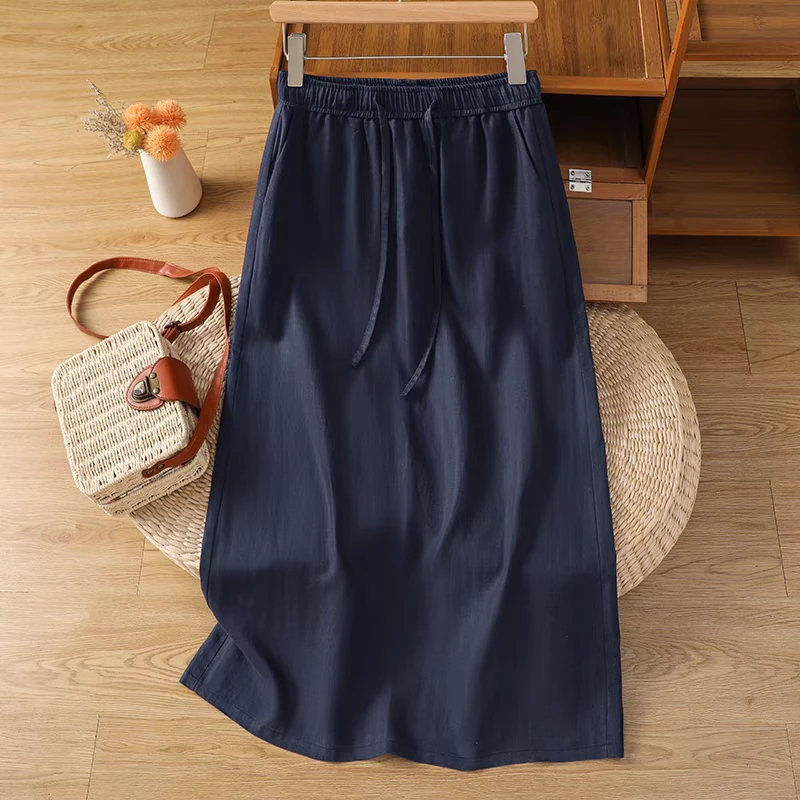 莱赛尔天丝亚麻半身裙女夏季轻薄透气宽松百搭高腰开叉直筒中长裙